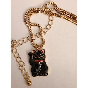Maneki Neko Black Enamel Pendant Necklace, Gold Tone 18 Inch Lucky Cat Jewelry